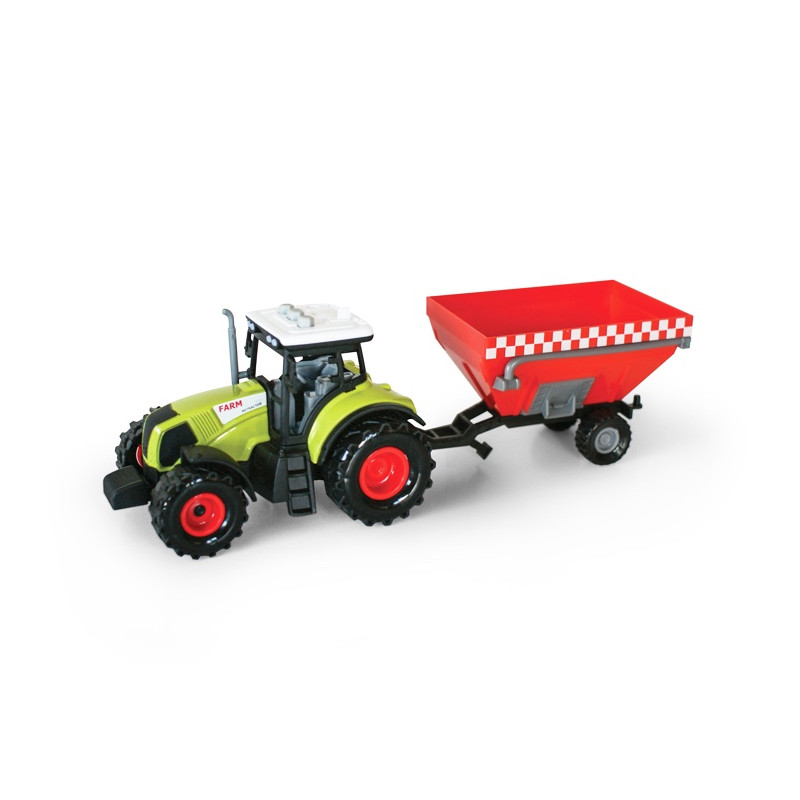 Traktor s červenou vlečkou so zvukom