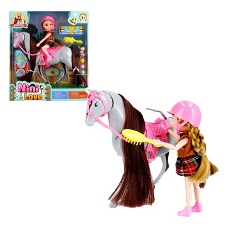 Pohyblivá panenka s helmou s koněm a doplňky