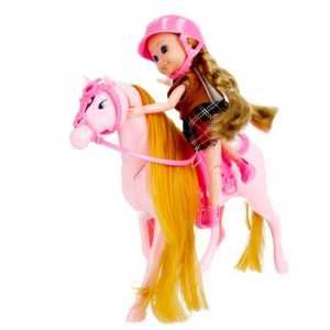 Pohyblivá panenka s helmou s koněm a doplňky