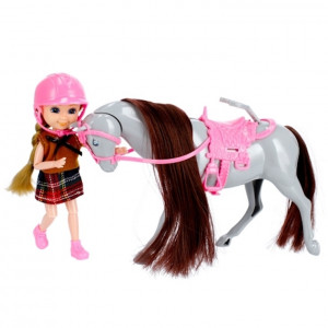 Pohyblivá bábika s helmou s koňom a doplnkami