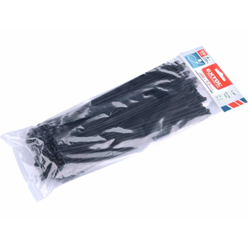 Pásky stahovací černé, rozpojitelné, 7,2x300mm, 100ks, nylon PA66, EXTOL PREMIUM 8856258