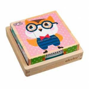 Skládací edukační dřevěné kostky v krabičce Akuku ZOO 9 ks