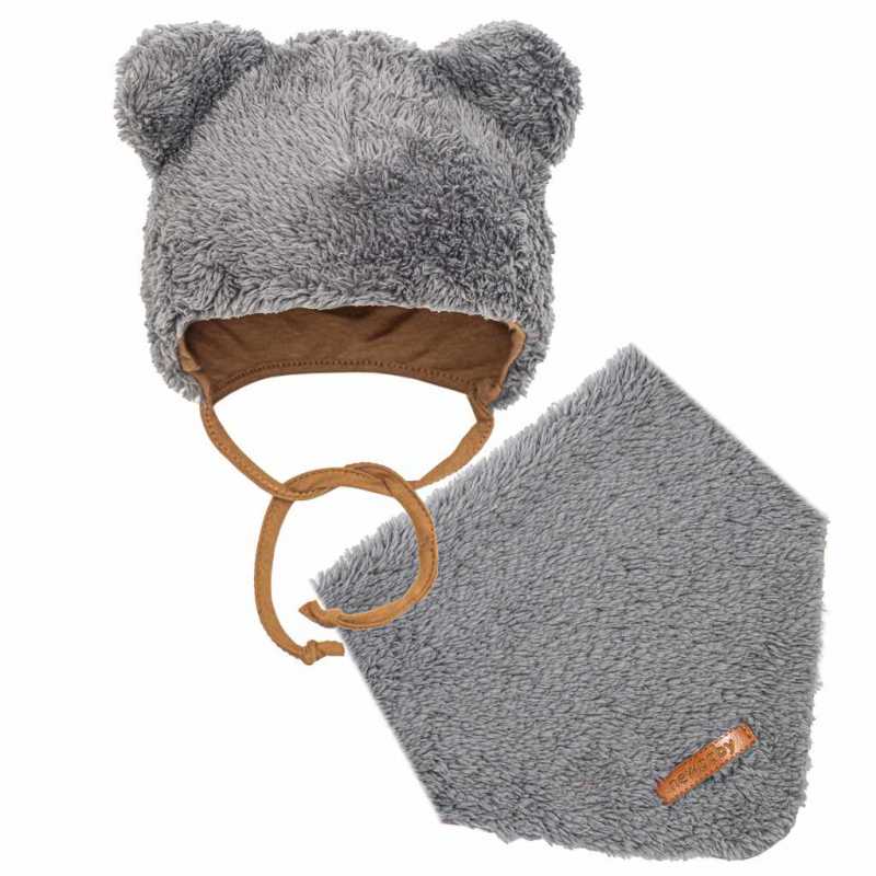 Zimná dojčenská čiapočka so šatkou na krk New Baby Teddy bear šedá, 56